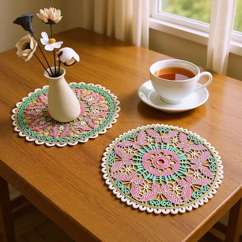 Vintage Butterfly Crochet Embroidered Hollow Table Mat Round Polyester Floral Lace Placemat For Home Decor Photography Props
