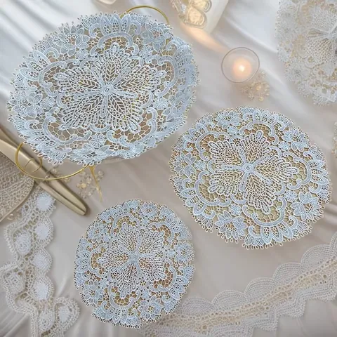 Witte Ronde Geborduurde Kant Placemat Bloemen Opengewerkt Gehaakt Onderzetter Voor Tafel Decor Bruiloft Fotografie Huis Keuken