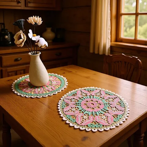 Vintage Butterfly Crochet Embroidered Hollow Table Mat Round Polyester Floral Lace Placemat For Home Decor Photography Props