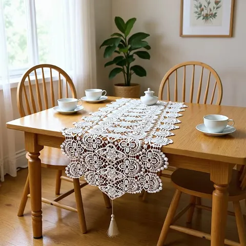 Modern White Lace Table Runner Hollow Embroidered 3D Floral Tablecloth Tassel Decor For Home Dining Room Wedding Party