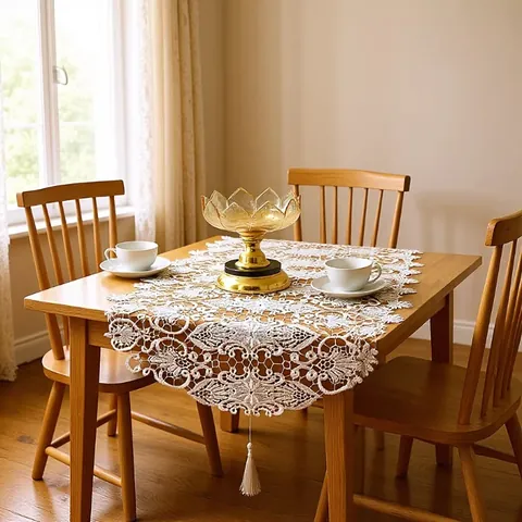 Modern Minimalist White Lace Table Runner Polyester 3D Embroidered Hollow Out Table Cloth With Tassels For Home Wedding Decor