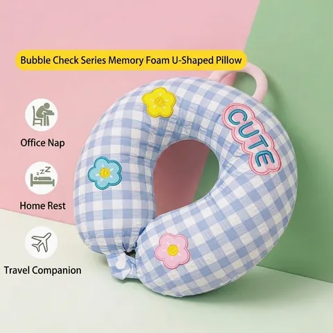 Almohada en U de Espuma Viscoelástica Seersucker Portátil Para Viajes Oficina Soporte de Siesta Almohada de Protección de Cuello de Poliéster Suave Con Bordado de Aplicación