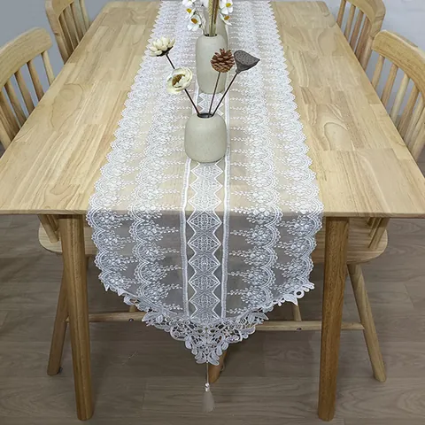 French Vintage White Lace Table Runner Embroidered Floral Mesh Fabric Tassel Dining Table Decor For Wedding Party Home