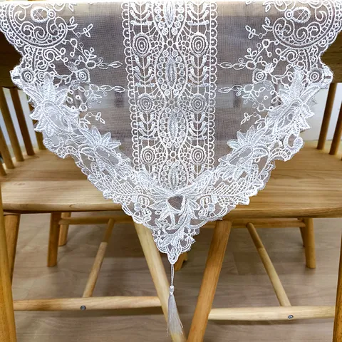 French Retro White Embroidered Lace Table Runner Hollow Out Floral Mesh Tassel Decorative Tablecloth For Dining Table