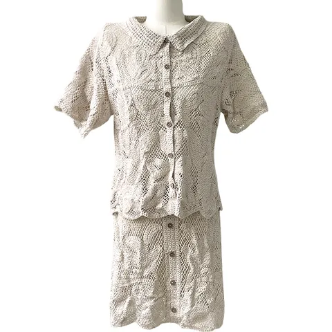 Women Elegant Lace Crochet Floral Embroidered Top And Bottom Set Lapel Short Sleeve Cardigan Blouse Skirt Flared Pants Co-ords