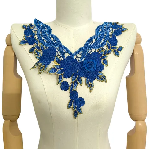 Polyester Schwere Stickerei Spitze Falscher Kragen Wasserlöslich Blumen Applikation DIY Ethno Rose Blume Patch Für Damen Bekleidung Dekor
