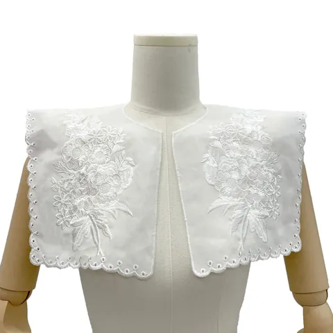 Vintage White Polyester Embroidered Peter Pan Fake Collar Broderie Anglaise Floral Lace Detachable Lapel For Women Clothing Accessories