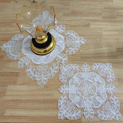 White Lace Embroidered Square Tablecloth Hollow Out Floral Placemat Vintage Table Runner For Home Kitchen Decor