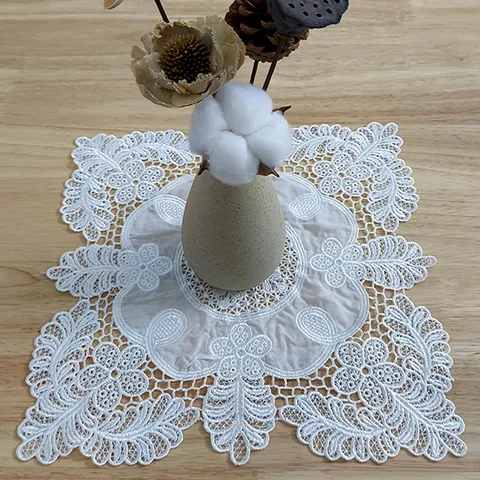 White Lace Embroidered Square Tablecloth Hollow Out Floral Placemat Vintage Table Runner For Home Kitchen Decor