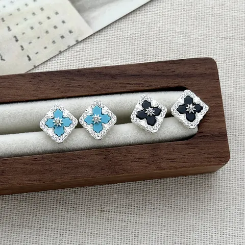 925 Sterling Silver Clover Stud Earrings For Women Zirconia Micro-Inlaid Agate Turquoise Geometric Rhombus Luxury Jewelry