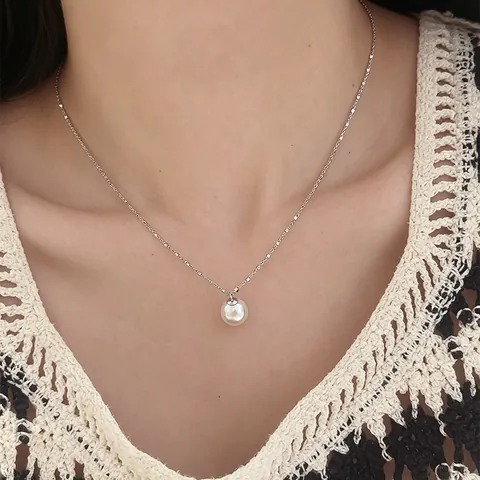 925 Sterling Silver Round Artificial Pearl Necklace For Women Minimalist Geometric Clavicle Chain Fashion Jewelry Gift