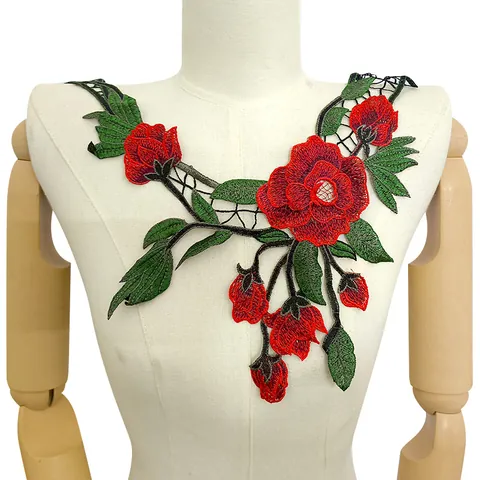 Faux Col en Dentelle Brodée de Style Ethnique Applique Florale Hydrosoluble pour Décoration de Vêtements pour Femmes Bordure en Dentelle