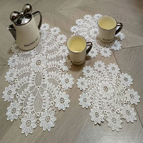 White Hollow Embroidery Lace Placemats Polyester Floral Tablecloth Coasters Heat Resistant Dustproof Table Decorations For Home