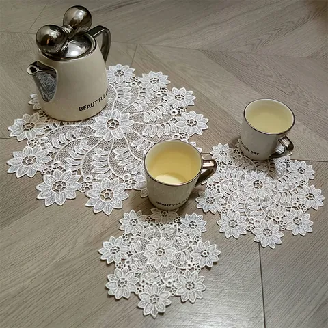 White Hollow Embroidery Lace Placemats Polyester Floral Tablecloth Coasters Heat Resistant Dustproof Table Decorations For Home
