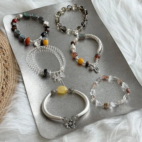 Handmade Natural Crystal Bracelet For Women 925 Sterling Silver Beaded Bracelet Vintage Ethnic Style Jewelry Lucky Pendant Bracelet
