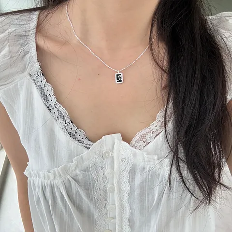 925 Sterling Silver Letter Square Pendant Necklace For Women Exquisite Rhinestone Enamel Clavicle Chain Jewelry Gift