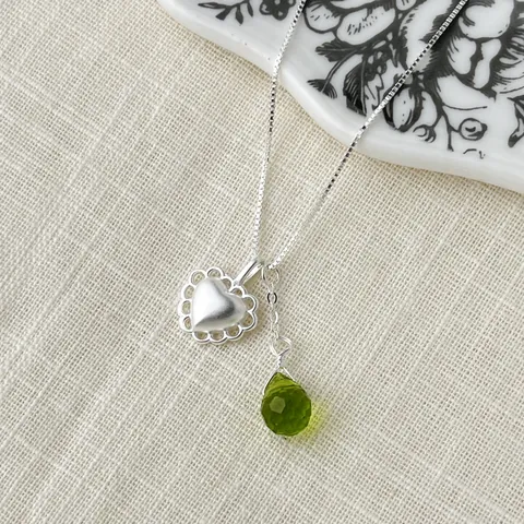 925 Sterling Silver Heart Water Drop Pendant Necklace Matte Finish Lace Edge Green Blue Rhinestone Clavicle Chain Jewelry