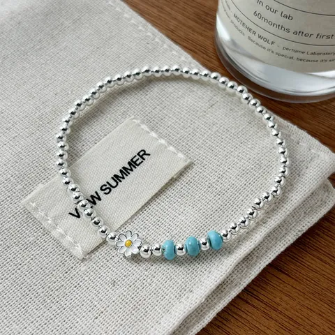 925 Sterling Silver Daisy Bracelet For Women Synthetic Turquoise Beaded Handcrafted Sweet Fresh Style Flower Charm Bracelet Jewelry