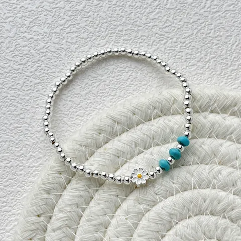 925 Sterling Silver Daisy Bracelet For Women Synthetic Turquoise Beaded Handcrafted Sweet Fresh Style Flower Charm Bracelet Jewelry