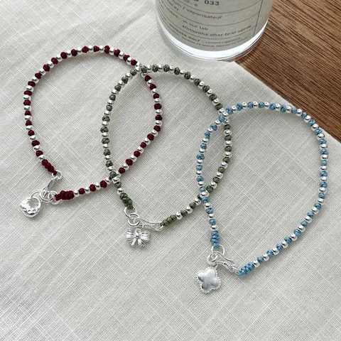 S925 Sterling Silver Bow Four-Leaf Clover Braided Rope Bracelet For Women Minimalist New Chinese Style Handcrafted Silver Bead Bracelet Jewelry Gift