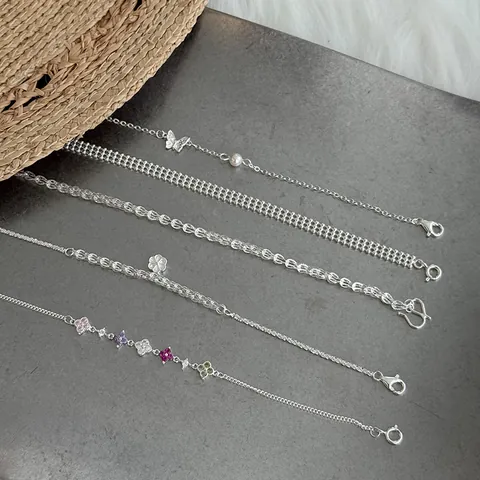 925 Sterling Silver Chain Bracelet For Women Minimalist Rhinestone Flower Butterfly Artificial Pearl Adjustable Bracelet Fashion Jewelry Gift