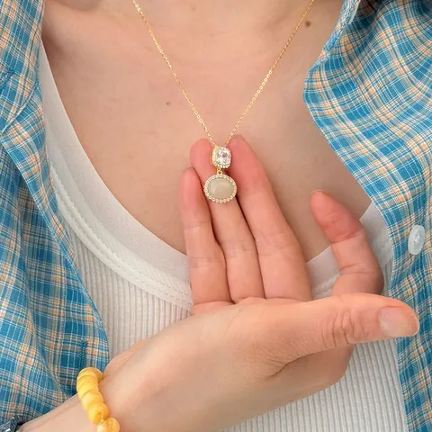 S925 Sterling Silver Natural Nephrite Jade Necklace For Women Light Luxury Elegant Oval Rhinestone Pendant Clavicle Chain Jewelry
