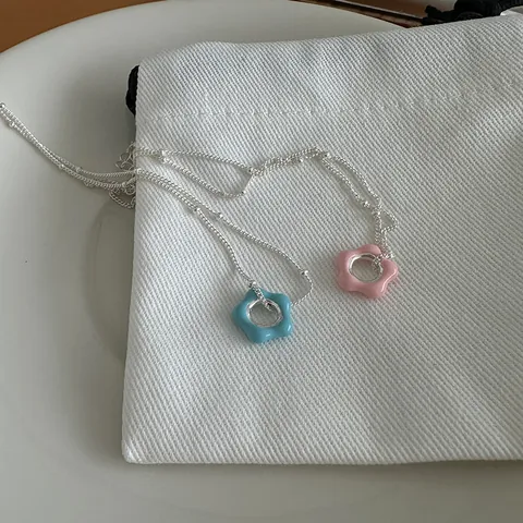 925 Sterling Silver Flower Pendant Necklace For Women Colorful Drip Oil Enamel Floral Charm Sweet Minimalist Choker Chain Jewelry