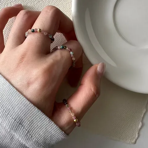 925 Sterling Silver Tourmaline Beaded Elastic Ring For Women Handmade Minimalist Gold Bead Stretch Ring Fashion Jewelry Gift