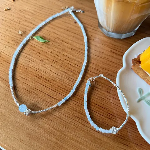 Aquamarine Beaded Necklace Bracelet 925 Sterling Silver Crumpled Silver Handmade Design Clavicle Chain For Women Fashion Jewelry