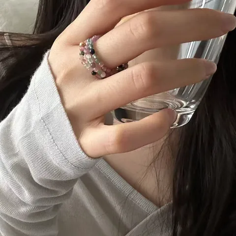 925 Sterling Silver Tourmaline Beaded Elastic Ring For Women Handmade Minimalist Gold Bead Stretch Ring Fashion Jewelry Gift