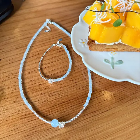 Aquamarine Beaded Necklace Bracelet 925 Sterling Silver Crumpled Silver Handmade Design Clavicle Chain For Women Fashion Jewelry