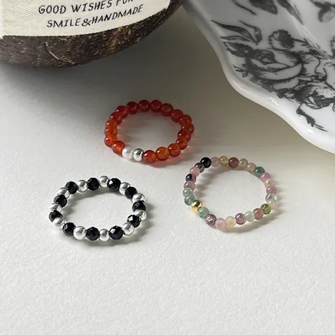 925 Sterling Silver Natural Agate Tourmaline Beaded Ring For Women Minimalist Elastic Stretch Stacking Finger Ring Jewelry