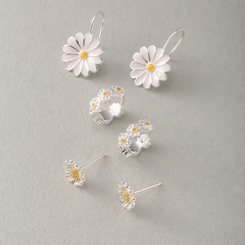 925 Sterling Silver Daisy Flower Earrings Set For Women Minimalist Fresh Literary Drip Oil Enamel Floral Stud Hook Hoop Earrings Fine Jewelry Gift