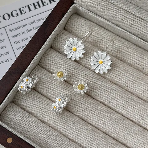 925 Sterling Silver Daisy Flower Earrings Set For Women Minimalist Fresh Literary Drip Oil Enamel Floral Stud Hook Hoop Earrings Fine Jewelry Gift