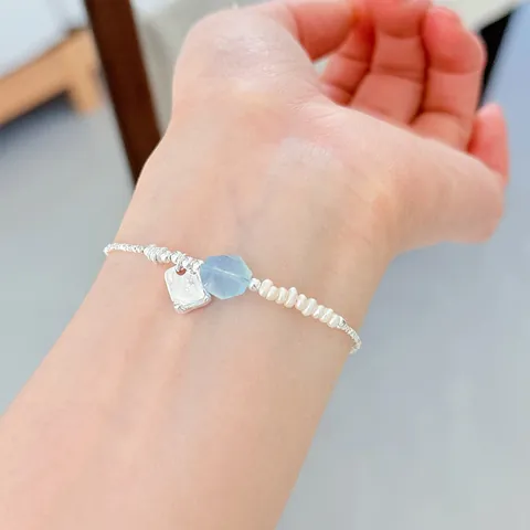 925 Sterling Silver Broken Silver Pearl Aquamarine Bracelet For Women Simple Fashion Engraved Square Plate Letter Bracelet