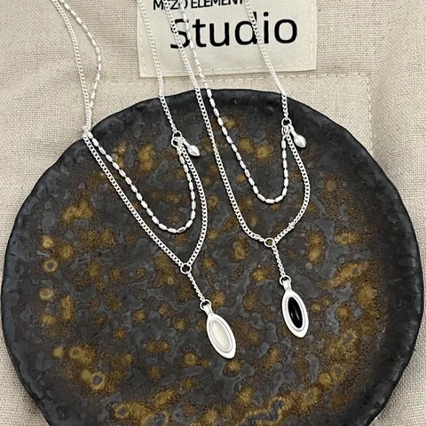 925 Sterling Silver Oval Black Agate White Chalcedony Necklace Women Simple Luxury Double Layer Clavicle Chain Jewelry