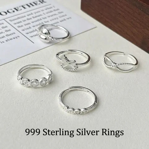 999 Sterling Silver Open Ring For Women New Chinese Style Adjustable Coin Gourd Rhinestone Lucky Knot Rocking Horse Vintage Finger Ring