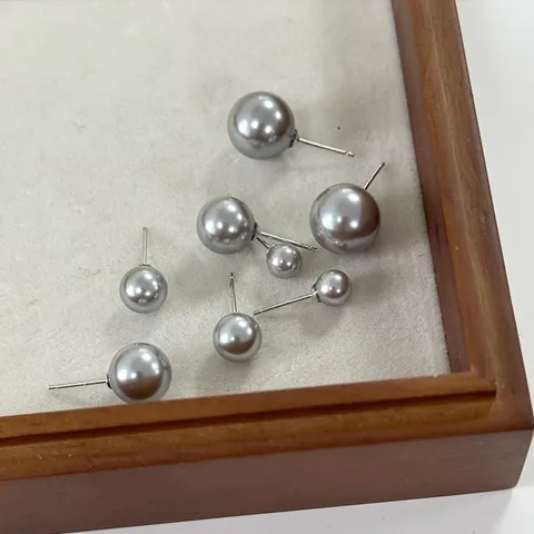 925 Sterling Silver Elegant Round Grey Artificial Pearl Stud Earrings For Women Minimalist Fashion Jewelry Accessories