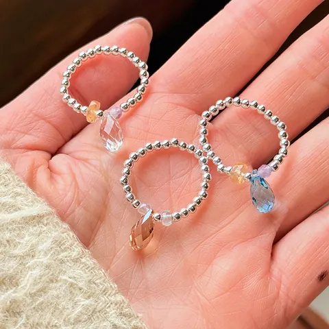 925 Sterling Silver Rhinestone Bead Ring For Women Handmade Elastic Adjustable Simple Color Crystal Water Drop Finger Ring Jewelry
