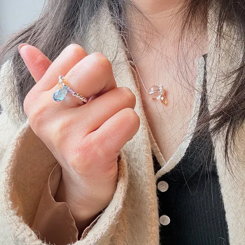 925 Sterling Silver Rhinestone Bead Ring For Women Handmade Elastic Adjustable Simple Color Crystal Water Drop Finger Ring Jewelry
