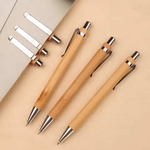Bamboo Retractable Ballpoint Pen Minimalist Eco Friendly Office Writing Supplies Metal Clip Silver Accents Stationery Gift Pen