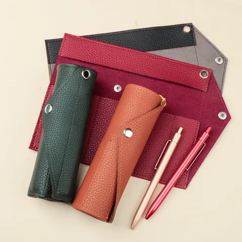 Minimalist Solid Color PU Leather Pencil Pouch Roll-Up Stationery Storage Bag With Snap Button Closure For Students Office Business Men Women