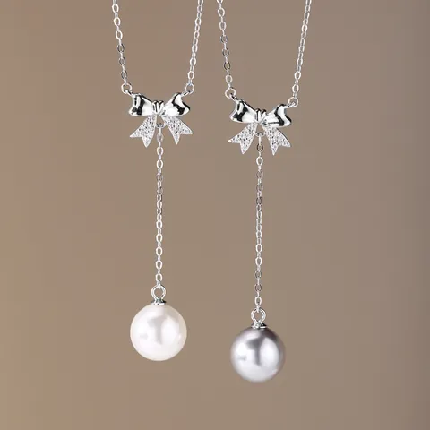 925 Sterling Silver Bowknot Artificial Pearl Necklace For Women Elegant Rhinestone Pendant Clavicle Chain Jewelry Gift