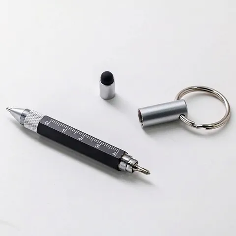 Portable Multifunctional Metal Tool Pen Keychain With Ruler Screwdriver Stylus Ballpoint Pen For Outdoor EDC Office Black