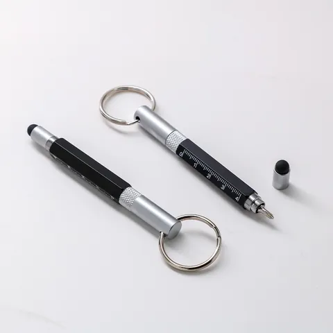 Portable Multifunctional Metal Tool Pen Keychain With Ruler Screwdriver Stylus Ballpoint Pen For Outdoor EDC Office Black
