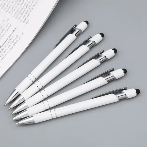 White Aluminum Retractable Ballpoint Pen With Touch Stylus Tip For Smartphones Tablets 2-In-1 Office Business Writing