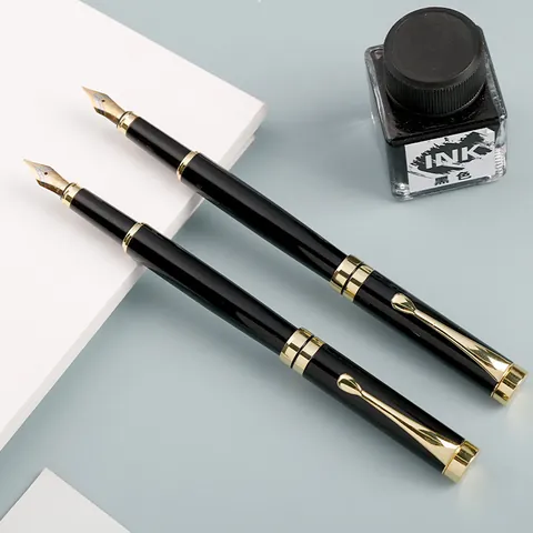 Business Metal Fountain Pen For Students Calligraphy Writing Classic Black Gold Trim Fine Nib Pen Office School Supplies