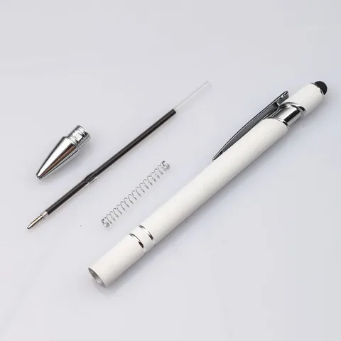 White Aluminum Retractable Ballpoint Pen With Touch Stylus Tip For Smartphones Tablets 2-In-1 Office Business Writing