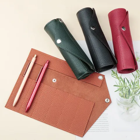 Minimalist Solid Color PU Leather Pencil Pouch Roll-Up Stationery Storage Bag With Snap Button Closure For Students Office Business Men Women