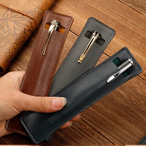 Business Retro PU Leather Single Pen Sleeve Waterproof Pencil Pouch Vintage Fountain Pen Case Protector For Office Gift